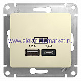 Systeme Electric Glossa Беж Розетка USB A+С, 5В/2,4А, 2х5В/1,2А GSL000239