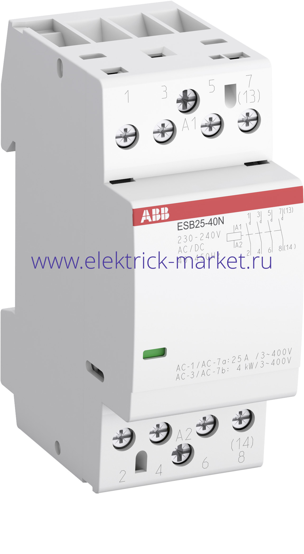 ABB Контактор ESB25-40N-01 модульный (25А АС-1, 4НО), катушка 24В AC/DC