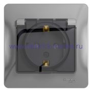 Systeme Electric Glossa Алюминий Розетка с/з со шторками с крышкой, IP44 (в сборе с рамкой)  GSL000348
